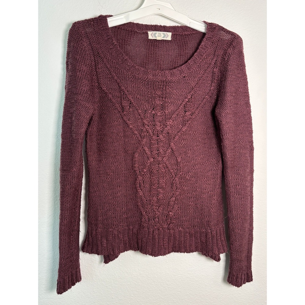 Burgundy V-Neck‎ Open Knit Sweater Long Sleeve Side Slit Pullover Plum Red Wine